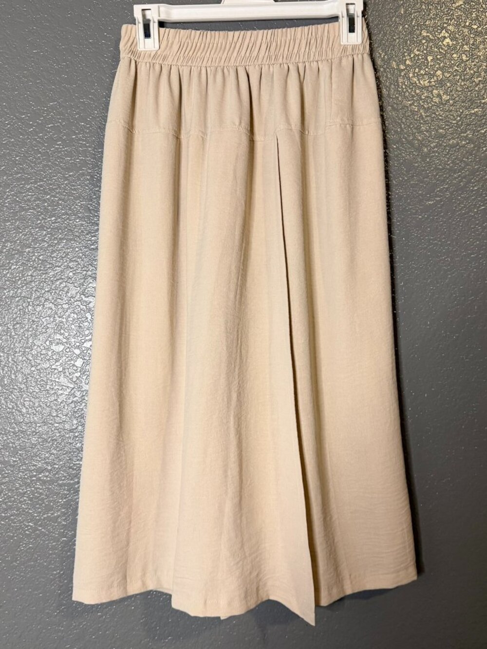 Beige Cream Elastic Waist Midi Skirt Front Slit Minimalist Size Small